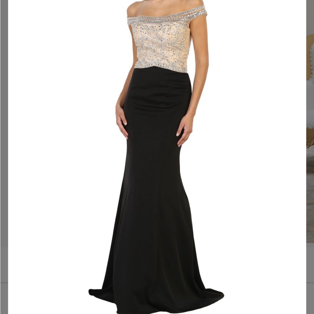 Off-Shoulder Black Evening Gown with Embellished Champagne Bodice